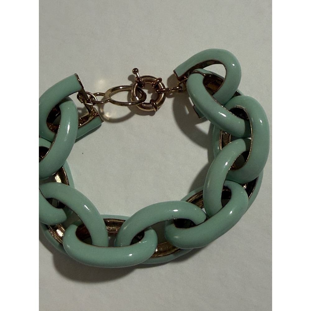 Sage Green Enamel Chunky Chain Link Bracelet Gold Tone 7.5 Inch Statement - Picture 4 of 6